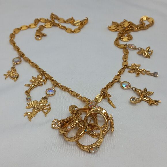 Kirks Folly Cupid Secrets of The 7 Angels Rings Gold Tone Long Necklace Vintage - Picture 8 of 11